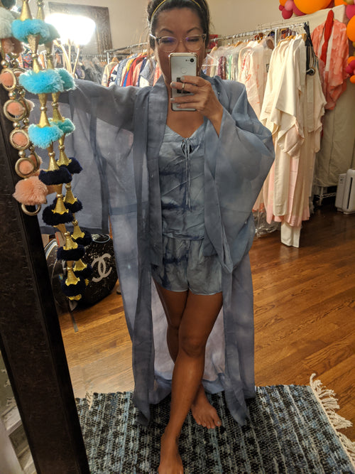 Tina Zulu in a Kimono Zulu reimagined vintage, hand-dyed shibori silk kimono and matching silk pj set